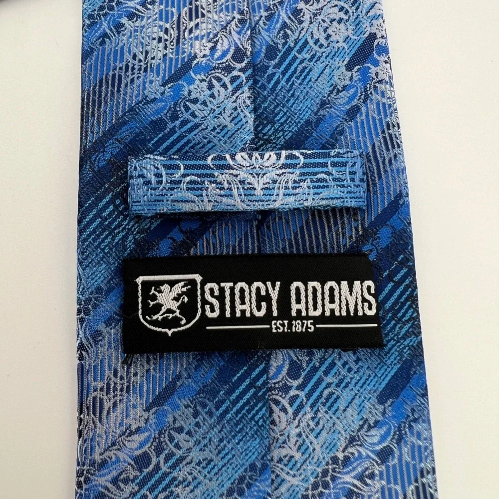 Stacy Adams Mens Blue Silver Floral‎ Damask Striped Microfiber Necktie